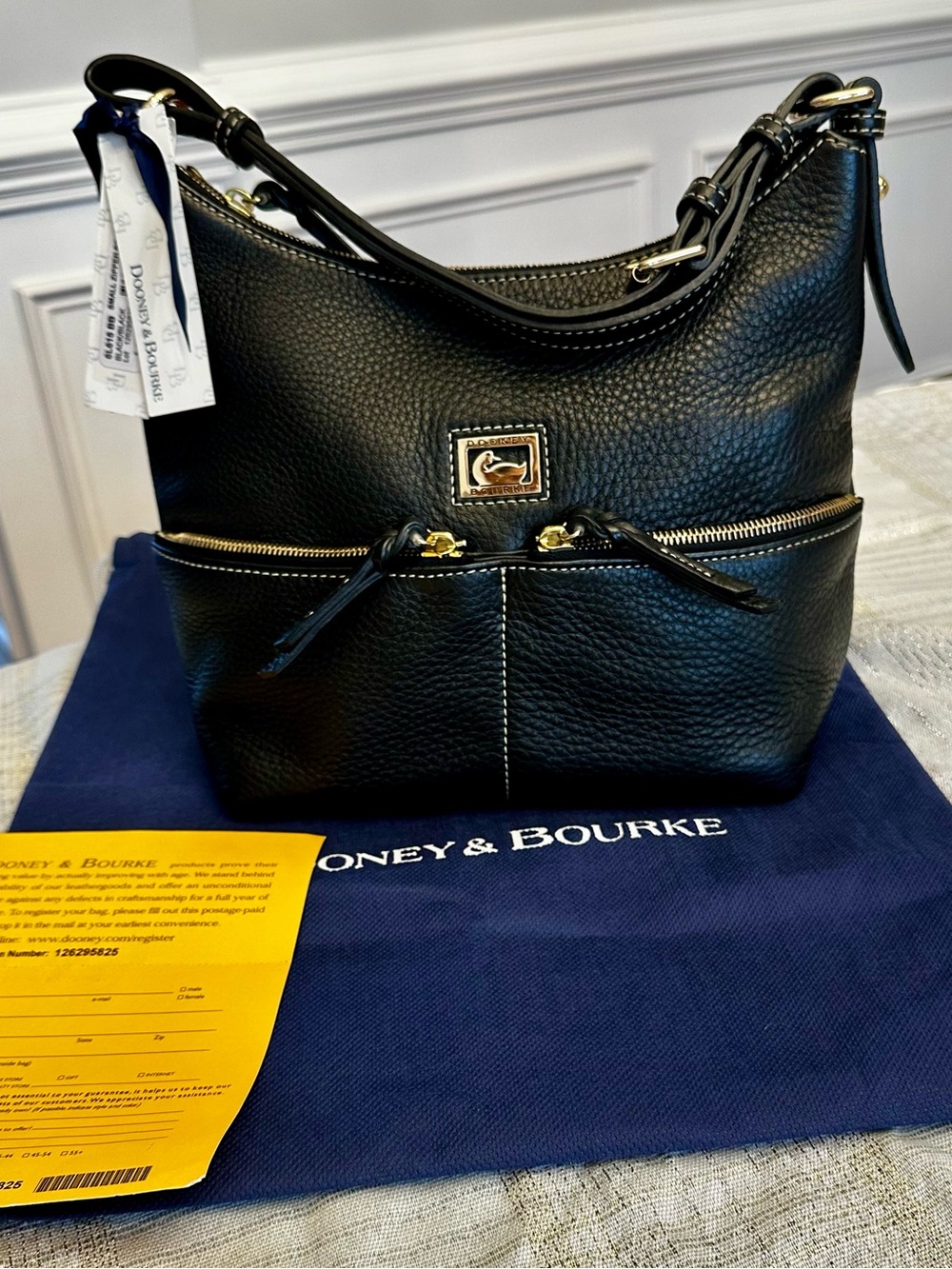 Dooney & Bourke Black Pebble Leather Shoulder Bag with Gold Hardware